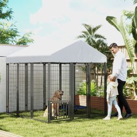 5.9 X 5.9 X 6 Outdoor Dog Kennel With Roof, Rotating & 4-Level Adjustable Bowls