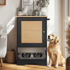 Feeding Station With 1 Storage Cabinets, Pet Feeding Station With 2 Elevated Dog Bowls, Side Hooks, Anti-tip Kit, Hidden Pet Feeder Station For Feedin
