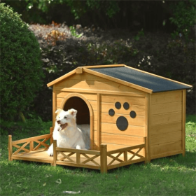 48 Wooden Dog House Outdoor With Porch, Dog Kennel With Water-Resistant Asphalt Roof And Fencing,Indoor & Outdoor Dog Crate With Paw Print, Medium, Na (Option: Natural)